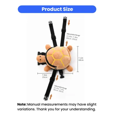 Size chart of turtle dog backpack harness showing dimensions and adjustable strap range