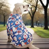 Large dog wearing blue mesh dog shirt sitting outdoors in a park