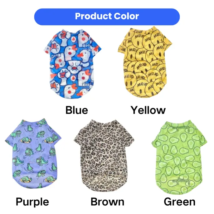 Mesh dog shirts available in blue, yellow, purple, leopard and green patterns for medium and large dogs