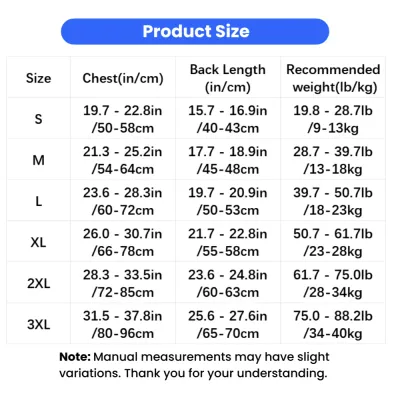 Large Dog Four-Leg Hoodie Size Chart S-3XL Size chart for high-neck four-leg dog hoodie with chest and back length measurements from S to 3XL