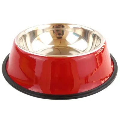 Red stainless steel pet feeding bowl with anti-slip rubber base for dogs and cats