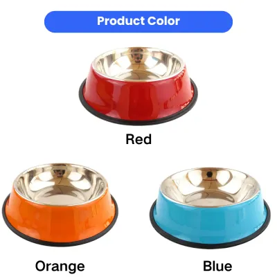 Stainless steel pet bowl available in red orange and blue color options