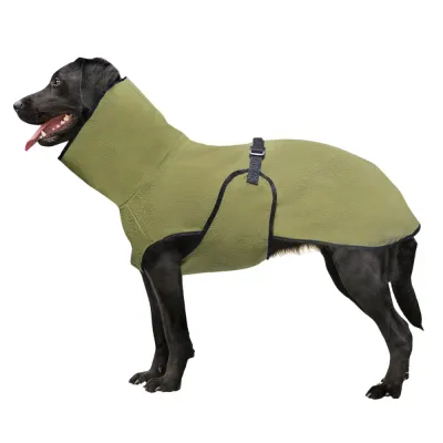Green Large Dog Fleece Coat with Adjustable Strap Green fleece dog coat for large dogs featuring high collar design and adjustable belly buckle