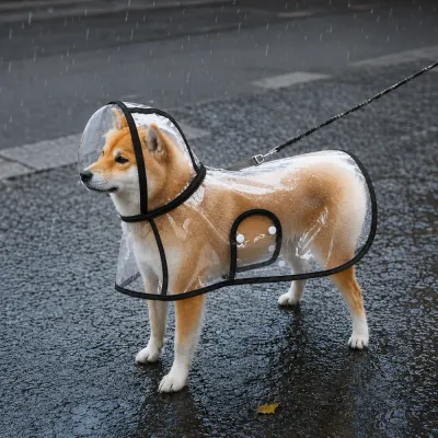 Large Dog Wearing Transparent Raincoat in Rainy Weather Large dog standing outdoors in the rain wearing a transparent waterproof raincoat with hood