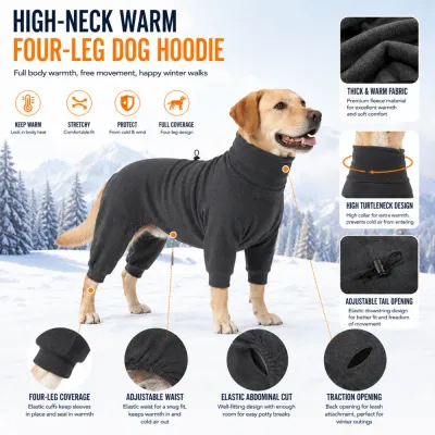 High-Neck Warm Four-Leg Dog Hoodie Features Large dog winter hoodie featuring turtleneck collar, adjustable waist, traction opening and full-leg coverage