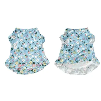 Front and back view of blue floral summer dress vest for large dogs