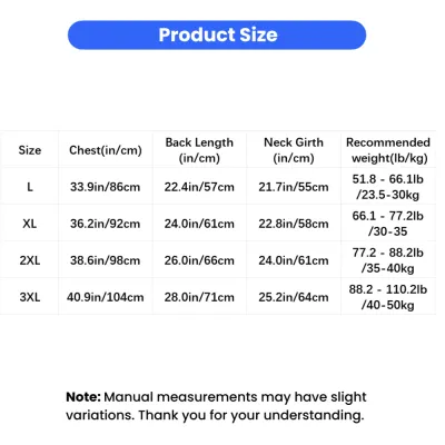Size Chart for Large Dog Summer Dress Size chart of breathable summer dress for large dogs from L to 3XL