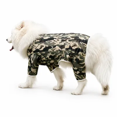 Camouflage Mesh Cooling Suit for Large Dogs Large dog wearing camouflage mesh cooling suit with four-leg design for summer protection