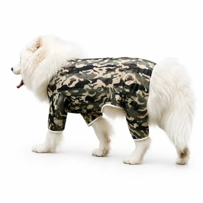 Camouflage Mesh Cooling Suit for Large Dogs Large dog wearing camouflage mesh cooling suit with four-leg design for summer protection