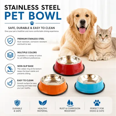 Stainless steel pet bowl featuring rust resistance non-slip base and easy cleaning design