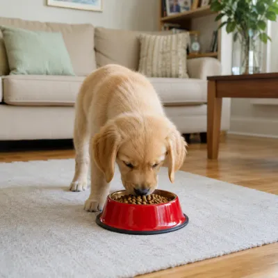Golden Retriever puppy eating from a red stainless steel pet bowl in a living room