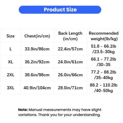 Large Dog Mesh Vest Size Chart L to 3XL Size chart for large dog cooling mesh vest available in L XL 2XL and 3XL sizes