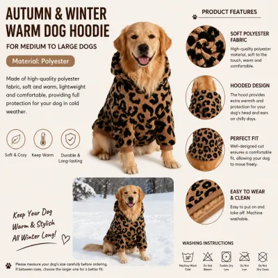 Warm polyester leopard print dog hoodie with hood for medium and large dogs in cold weather
