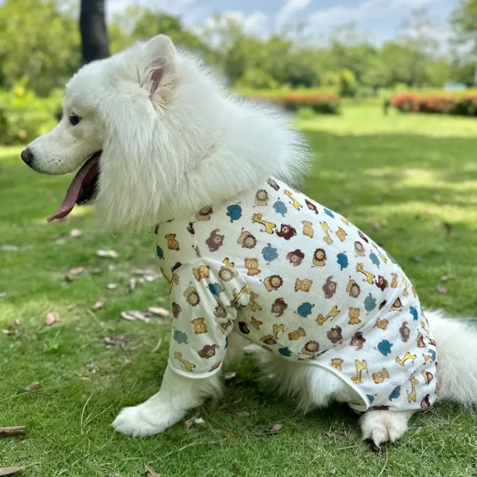 Large white dog wearing breathable summer mesh vest while relaxing outdoors on grass
