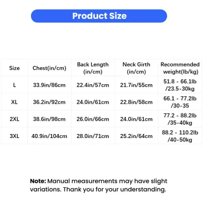 Size chart for large dog summer dress vest with chest, back length and neck measurements