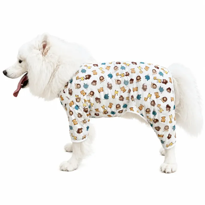 Large breed dog wearing breathable lion print mesh vest for summer cooling and sun protection