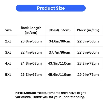 Large Dog Fleece Coat Size Chart 2XL-5XL Size chart for large dog fleece coat showing back length, chest and neck measurements from 2XL to 5XL