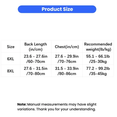 Large Dog Raincoat Size Guide 6XL and 8XL Transparent large dog raincoat size chart showing chest and back length measurements for 6XL and 8XL