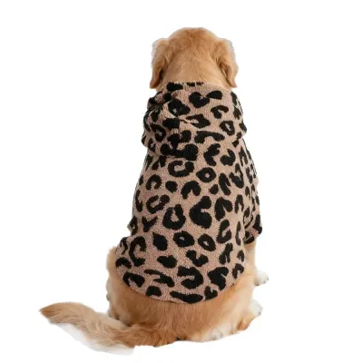 Back view of leopard print warm dog hoodie made of soft polyester for medium and large dogs