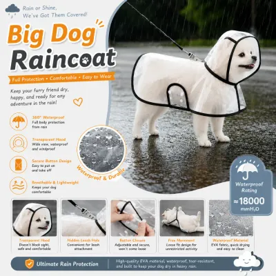 Waterproof Transparent Dog Raincoat with Full Body Coverage Large dog wearing transparent waterproof raincoat with hood featuring full body rain protection and leash opening