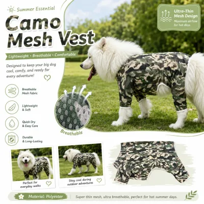 Breathable Camouflage Mesh Cooling Suit for Large Dogs Large dog wearing breathable camouflage mesh cooling suit outdoors in summer