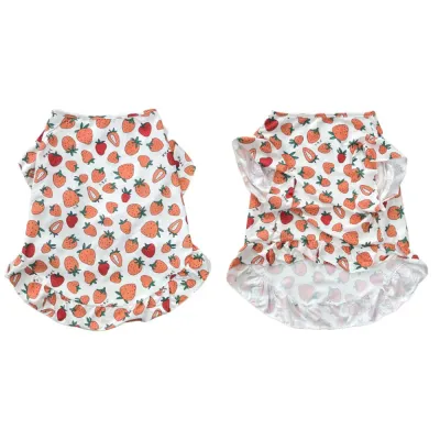 Front and back view of strawberry print summer dog dress vest for large dogs with breathable polyester fabric