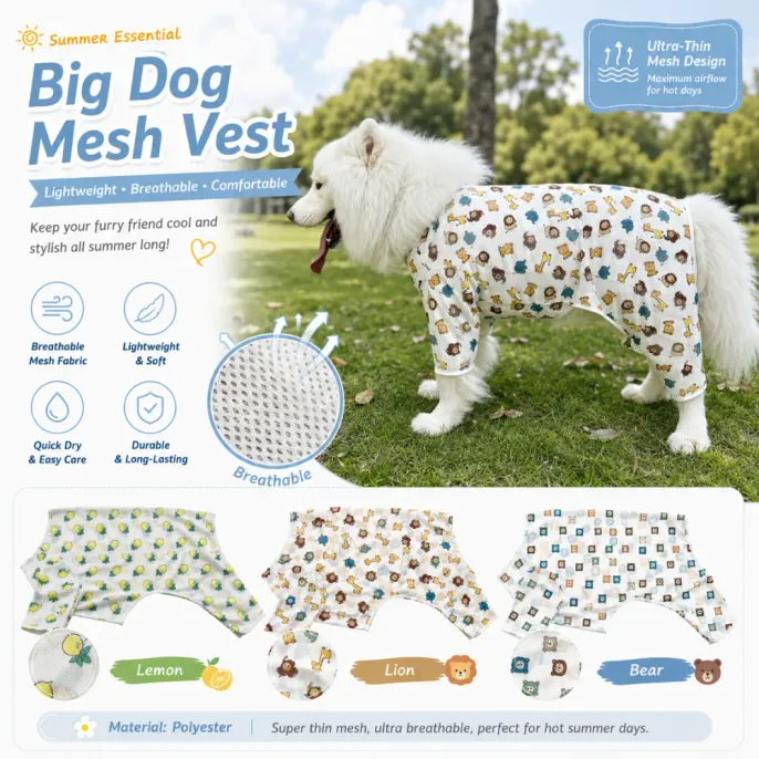Ultra lightweight breathable mesh vest for large dogs featuring cooling fabric and summer prints