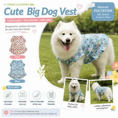 Large dog wearing breathable floral summer dress vest in lightweight polyester fabric