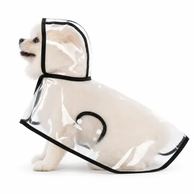 Transparent Dog Raincoat with Black Trim and Hood Clear waterproof dog raincoat with black trim and transparent hood for large breed dogs
