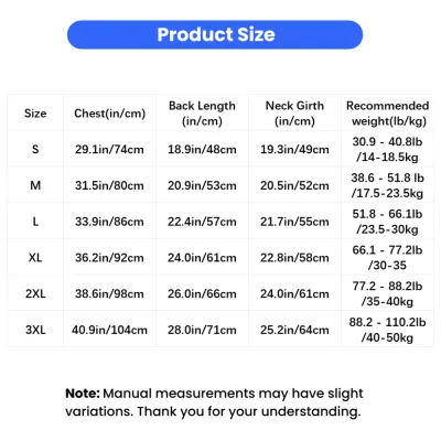 Size chart for leopard print warm dog hoodie showing chest, neck and back length measurements