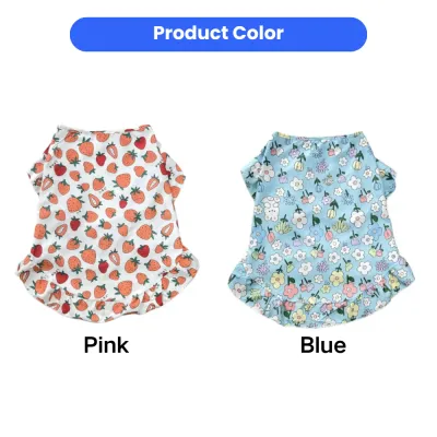 Large dog summer dress vest available in strawberry pink and floral blue patterns