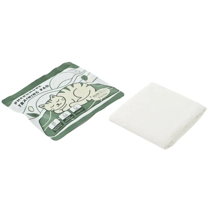 Cat Pheromone Training Pad Plant Extract Formula Packaging and Pad White cat pheromone training pad with plant extract calming formula packaging and absorbent training pad on white background