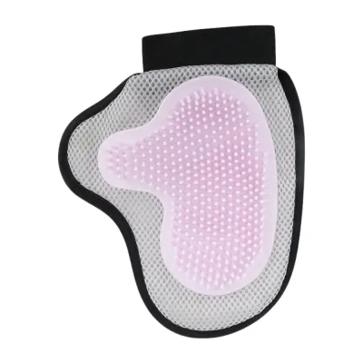 Pink TPR pet grooming glove with soft massage bristles and breathable mesh backing