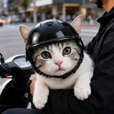 Cat Wearing Adjustable Pet Safety Helmet Cat wearing a lightweight black pet helmet with adjustable buckle strap