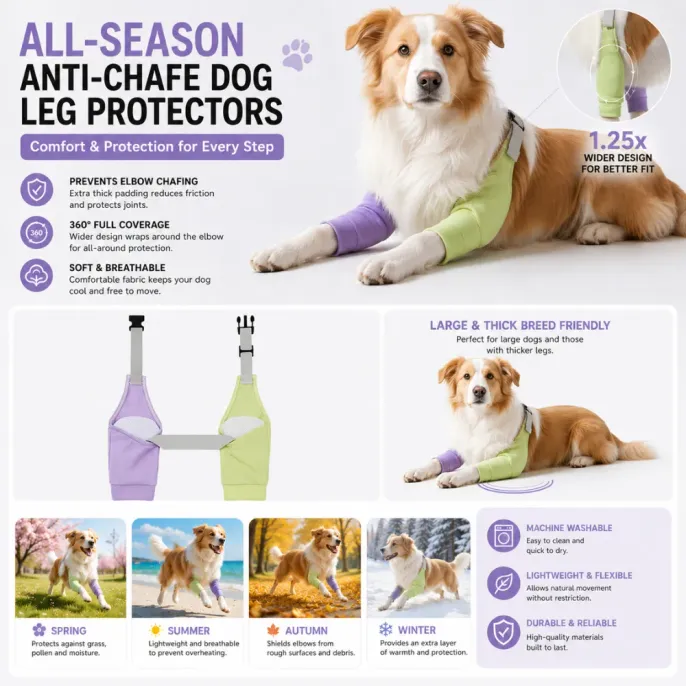 All-Season Anti-Chafe Dog Elbow Protectors All-season dog elbow protector sleeves with padded support and breathable fabric