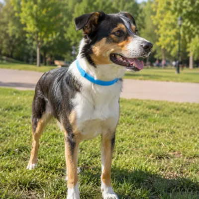 Dog wearing a blue flea and tick collar in an outdoor park environment