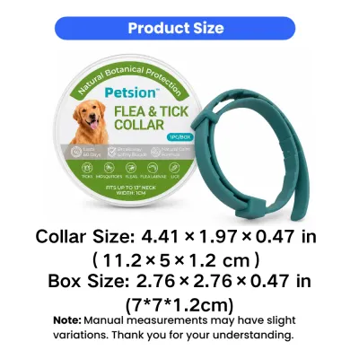 Size dimensions of Petsion flea and tick collar and retail packaging box