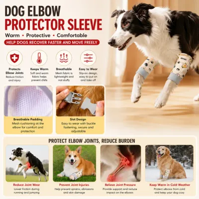 Dog Elbow Protection Sleeve Features and Benefits Dog elbow protector sleeve showing breathable padding, adjustable buckle and joint protection features