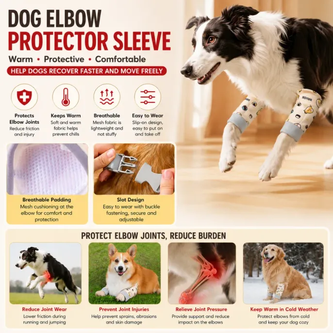 Dog Elbow Protection Sleeve Features and Benefits Dog elbow protector sleeve showing breathable padding, adjustable buckle and joint protection features
