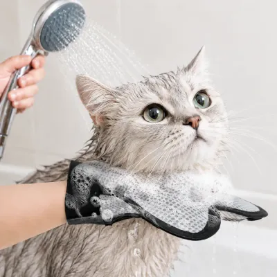 Cat being washed with a silicone pet bath glove during grooming