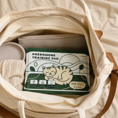Portable Pheromone Cat Training Pad for Travel and Pet Carriers Pheromone cat training pad packed inside a travel bag for portable pet care and carrier use