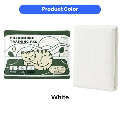 White Pheromone Cat Training Pad Color Option White pheromone cat training pad showing product packaging and folded absorbent training pad color display