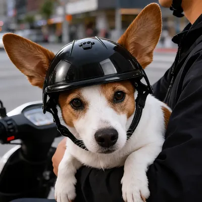 Dog Wearing Protective Pet Helmet Outdoors Dog wearing a black pet safety helmet while riding outdoors with owner