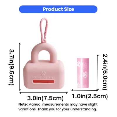 Dog Poop Bag Dispenser Size and Dimensions Guide Silicone dog poop bag holder showing product dimensions and waste bag roll size