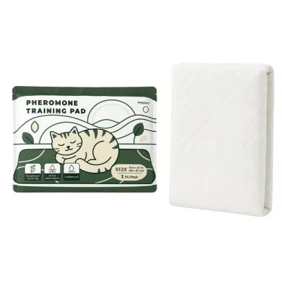 Pheromone Cat Training Pad with Botanical Calming Formula Pheromone cat training pad package and folded white pee pad with botanical calming formula for cat litter training