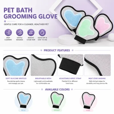 Pet bath grooming glove with soft silicone bristles breathable mesh and adjustable wrist strap