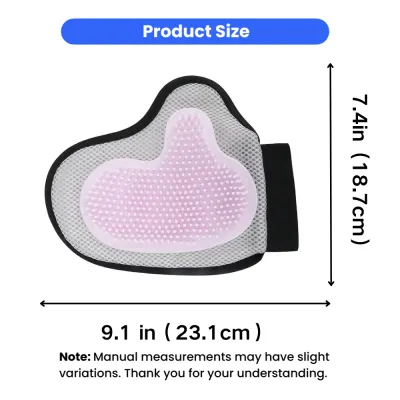 Pet grooming glove dimensions measuring 9.1 inches by 7.4 inches