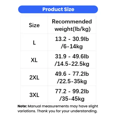 Dog elbow protector size chart with recommended weight ranges for large breed dogs