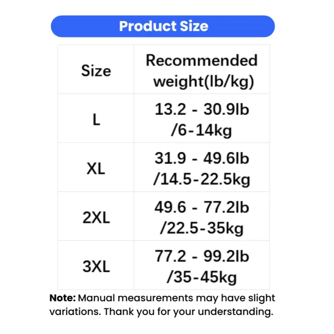 Dog Elbow Protector Size Guide for Large Breeds Dog elbow protector size chart with recommended weight ranges for large breed dogs