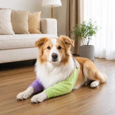 Large dog resting indoors while wearing a protective elbow sleeve for joint support